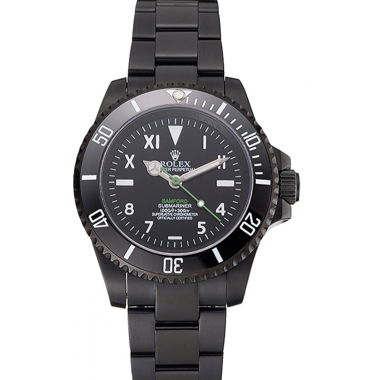 MiroTime 1025 Rolex Bamford Submariner Black Dial Roman Numerals Black Ionized Case And Bracelet